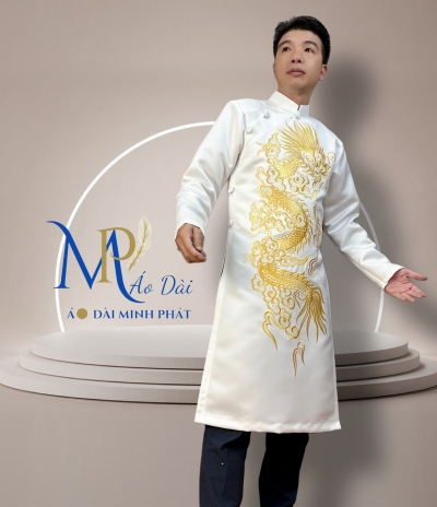 Áo Dài Cách Tân Nam Chất Liệu Taffta Mầu trắng Cao Cấp ( Dày, Mịn) Thêu Rồng Vàng MPT1023