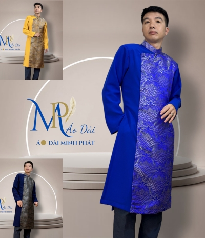 Áo Dài Cách Tân Nam Vải Tuyết Mưa Phối Gấm Hoa Văn   MPP1006