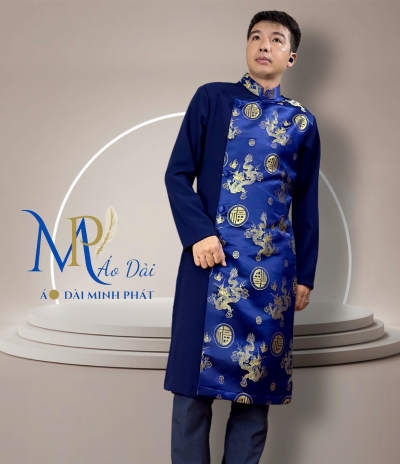 Áo Dài Cách Tân Nam Phối Vải Tuyết Mưa Với Gấm Hoạ Tiết Rồng MPP1002