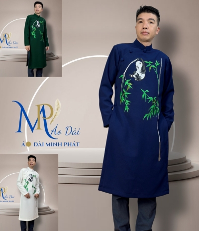 Áo Dài Cách Tân Nam Vải Tuyết Mưa Cao Câp Với Hoạ Tiết Thêu Gấu Trúc Đơn giản, Tinh Tế Sang Trọng MPT1026