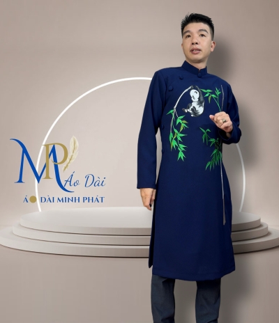 Áo Dài Cách Tân Nam Vải Tuyết Mưa Cao Câp Với Hoạ Tiết Thêu Gấu Trúc Đơn giản, Tinh Tế Sang Trọng MPT1026