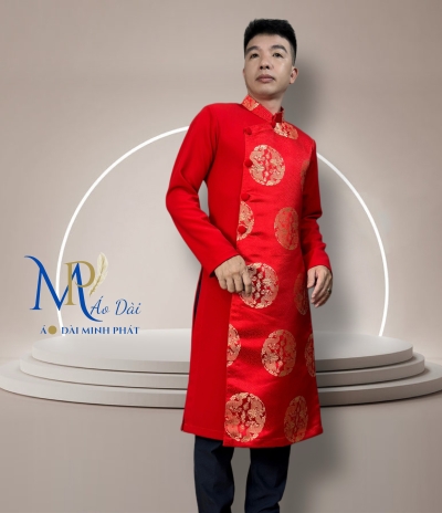 Áo Dài Cách Tân Nam Vải Tuyết Mưa Phối Gấm Hoạ Tiết Song Long 