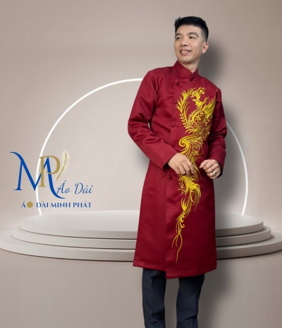 Áo Dài Cách Tân Nam Chất Liệu Taffta  Cao Cấp ( Dày, Mịn) Thêu Phụng MPT1024