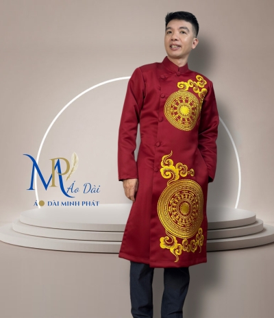 Áo Dài Cách Tân Nam Chất Liệu Taffta Cao Cấp ( Dày, Mịn) Thêu Trống Đồng MPT1025