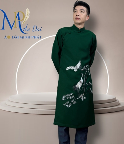 Áo Dài Cách Tân Nam Vải Tuyết Mưa Cao Câp Với Hoạ Tiết Thêu Song hạc, Đơn giản, Tinh Tế Sang Trọng MPT1027