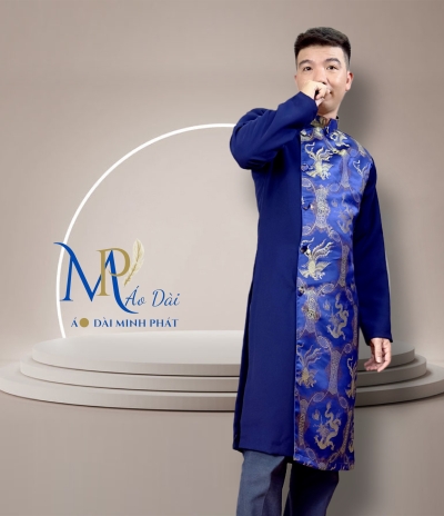 Áo Dài Cách Tân Nam Phối Vải Tuyết Mưa Với Gấm Hoạ Tiết Rồng Phụng MPP1001