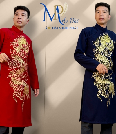 Áo Dài Cách Tân Nam Chất Liệu Taffta Kim Cương Thêu Rồng Vàng