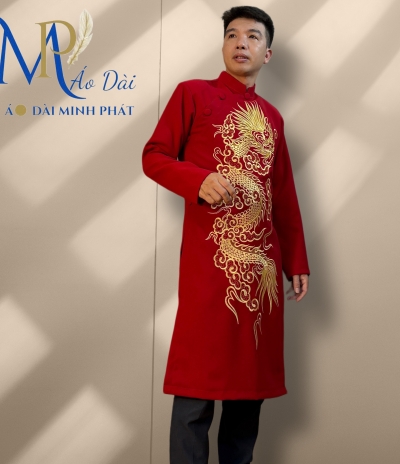 Áo Dài Cách Tân Nam Chất Liệu Taffta Kim Cương Thêu Rồng Vàng