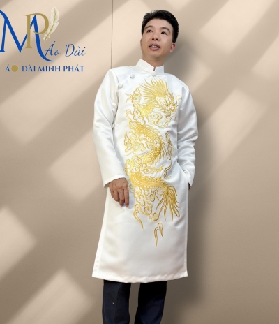 Áo Dài Cách Tân Nam Chất Liệu Taffta Mầu trắng Cao Cấp ( Dày, Mịn) Thêu Rồng Vàng MPT1023