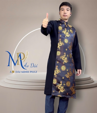 Áo Dài Cách Tân Nam Phối Vải Tuyết Mưa Với Gấm Hoạ Tiết Rồng MPP1002