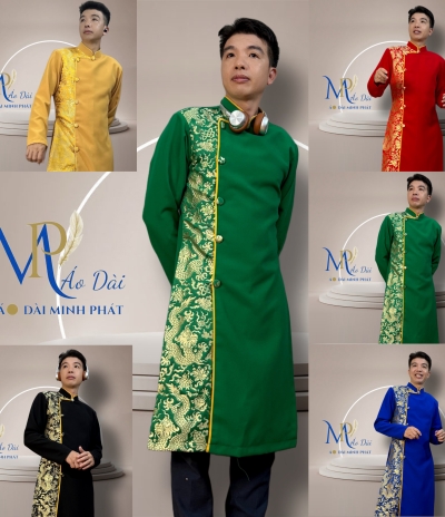 Áo Dài Cách Tân Nam Vải Tuyết Mưa Phối Gấm Rồng Vàng  MPP1003