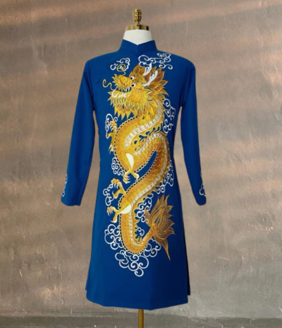 Áo Dài Cách Tân Nam Thêu Rồng Vàng Trên Chất Liệu Vải Tuyết Mưa