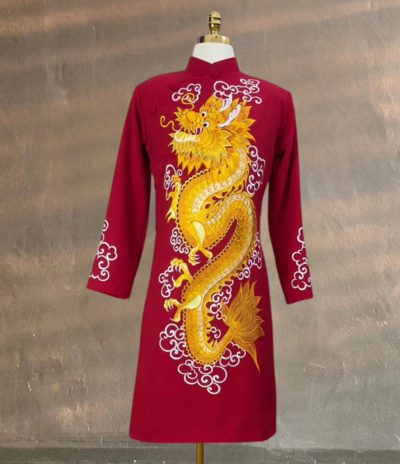 Áo Dài Cách Tân Nam Thêu Rồng Vàng Trên Chất Liệu Vải Tuyết Mưa