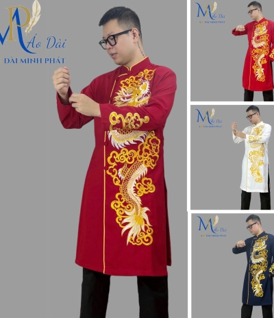 Áo dài nam cách tân Minh Phát vải Tuyết mưa cao cấp họa tiết thêu Rồng, mặc lế tết, sự kiện MPT1001