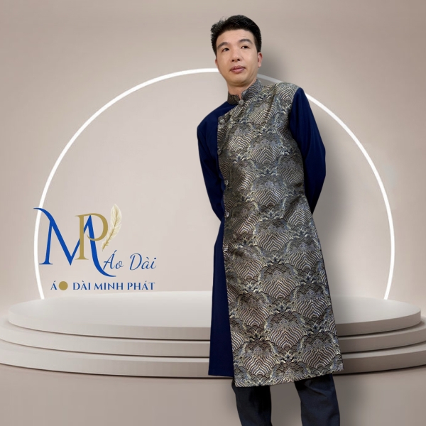 Áo Dài Cách Tân Nam Vải Tuyết Mưa Phối Gấm Hoa Văn   MPP1006