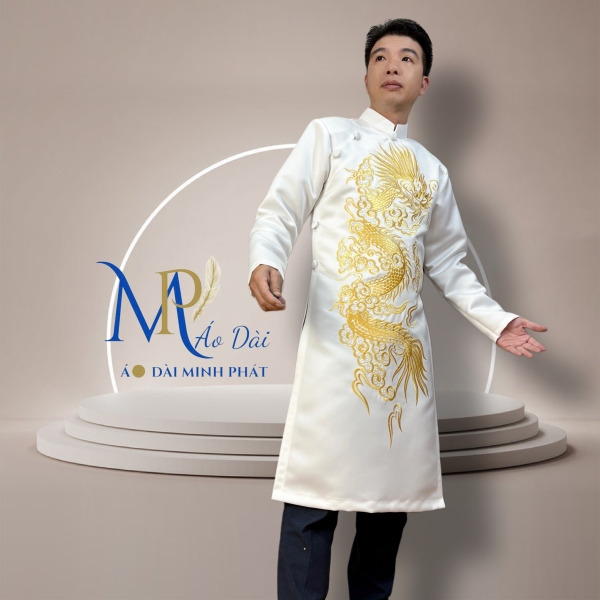 Áo Dài Cách Tân Nam Chất Liệu Taffta Mầu trắng Cao Cấp ( Dày, Mịn) Thêu Rồng Vàng MPT1023