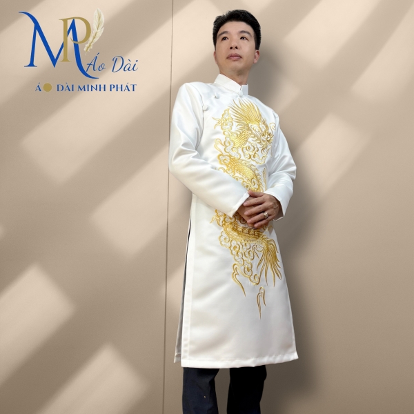 Áo Dài Cách Tân Nam Chất Liệu Taffta Mầu trắng Cao Cấp ( Dày, Mịn) Thêu Rồng Vàng MPT1023