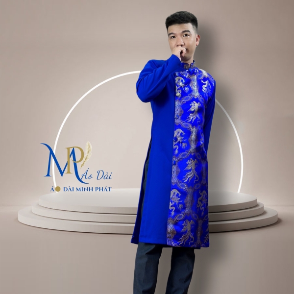 Áo Dài Cách Tân Nam Phối Vải Tuyết Mưa Với Gấm Hoạ Tiết Rồng Phụng MPP1001