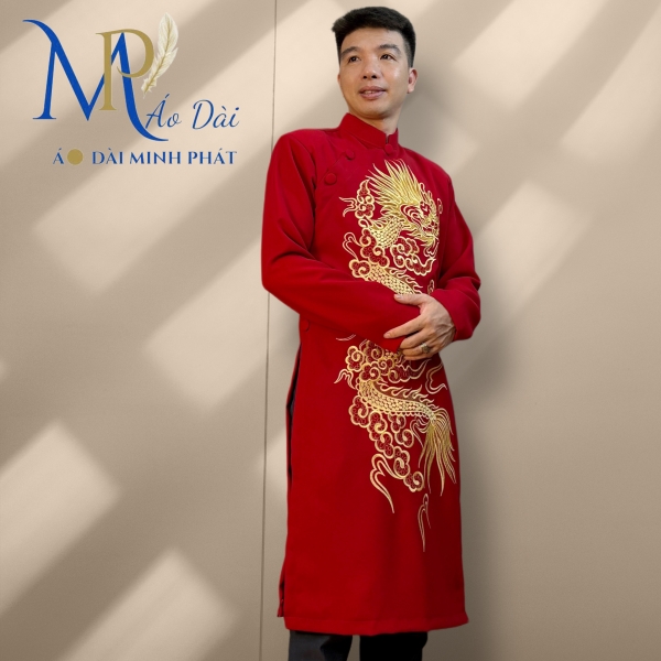 Áo Dài Cách Tân Nam Chất Liệu Taffta Kim Cương Thêu Rồng Vàng