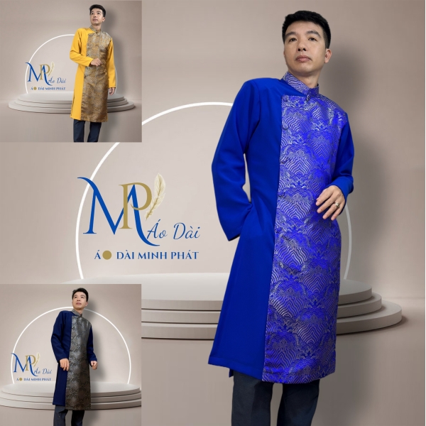 Áo Dài Cách Tân Nam Vải Tuyết Mưa Phối Gấm Hoa Văn   MPP1006