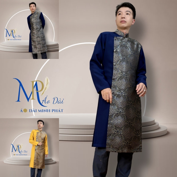 Áo Dài Cách Tân Nam Vải Tuyết Mưa Phối Gấm Rồng Vàng  MPP1003