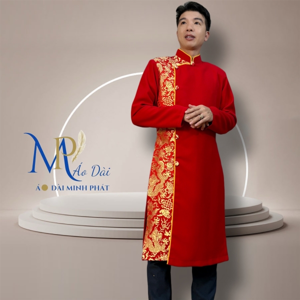 Áo Dài Cách Tân Nam Vải Tuyết Mưa Phối Gấm Rồng Vàng  MPP1003