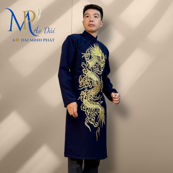 Áo Dài Cách Tân Nam Chất Liệu Taffta Kim Cương Thêu Rồng Vàng