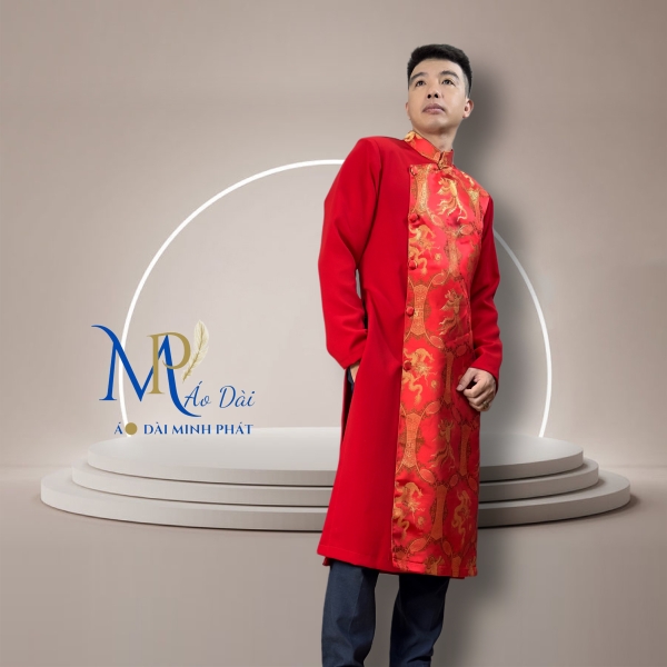 Áo Dài Cách Tân Nam Phối Vải Tuyết Mưa Với Gấm Hoạ Tiết Rồng Phụng MPP1001