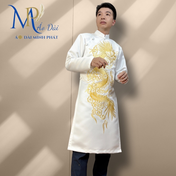 Áo Dài Cách Tân Nam Chất Liệu Taffta Kim Cương Thêu Rồng Vàng