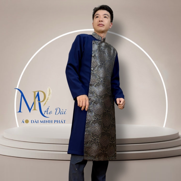 Áo Dài Cách Tân Nam Vải Tuyết Mưa Phối Gấm Rồng Vàng  MPP1003