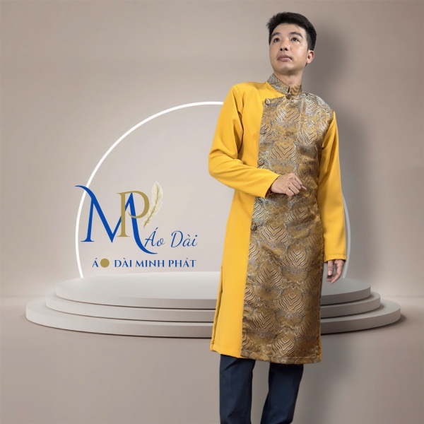Áo Dài Cách Tân Nam Vải Tuyết Mưa Phối Gấm Rồng Vàng  MPP1003