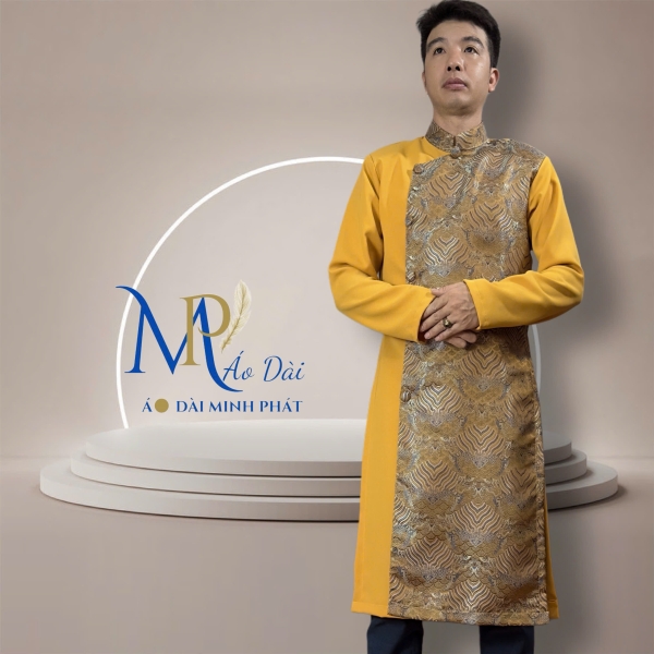 Áo Dài Cách Tân Nam Vải Tuyết Mưa Phối Gấm Rồng Vàng  MPP1003