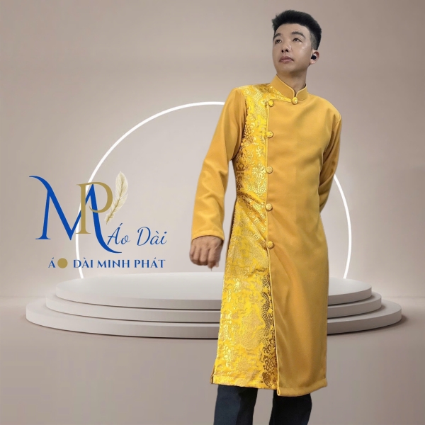 Áo Dài Cách Tân Nam Vải Tuyết Mưa Phối Gấm Rồng Vàng  MPP1003