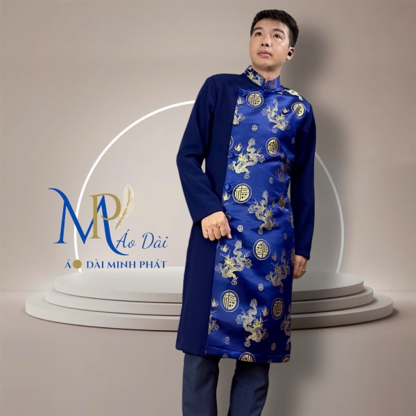 Áo Dài Cách Tân Nam Phối Vải Tuyết Mưa Với Gấm Hoạ Tiết Rồng MPP1002