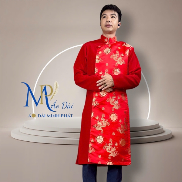 Áo Dài Cách Tân Nam Phối Vải Tuyết Mưa Với Gấm Hoạ Tiết Rồng MPP1002