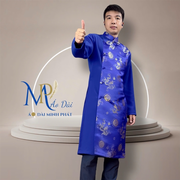 Áo Dài Cách Tân Nam Phối Vải Tuyết Mưa Với Gấm Hoạ Tiết Rồng MPP1002