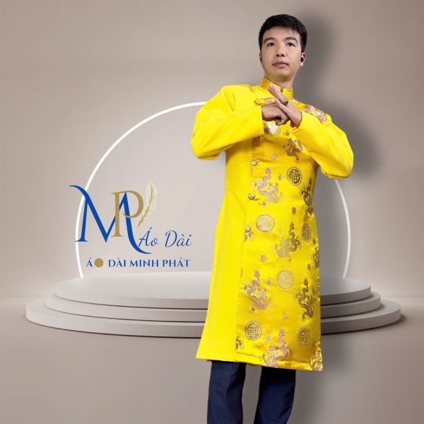 Áo Dài Cách Tân Nam Phối Vải Tuyết Mưa Với Gấm Hoạ Tiết Rồng MPP1002