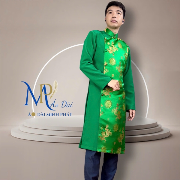 Áo Dài Cách Tân Nam Phối Vải Tuyết Mưa Với Gấm Hoạ Tiết Rồng MPP1002