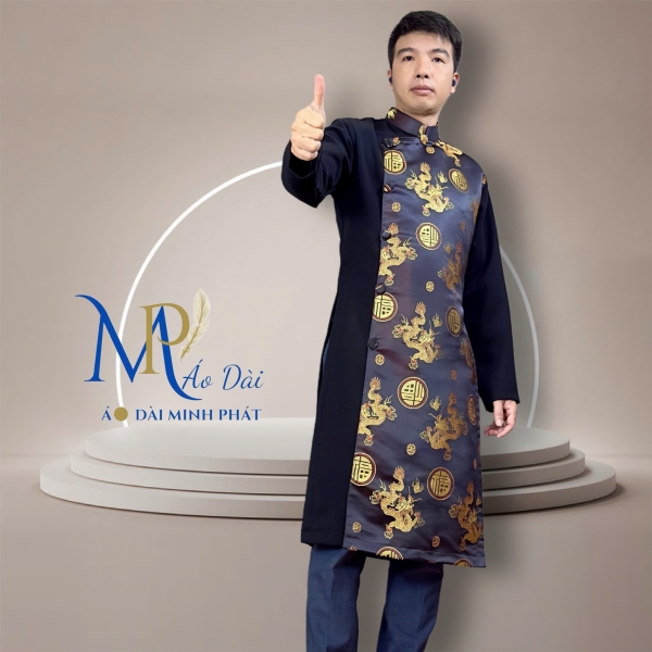 Áo Dài Cách Tân Nam Phối Vải Tuyết Mưa Với Gấm Hoạ Tiết Rồng MPP1002