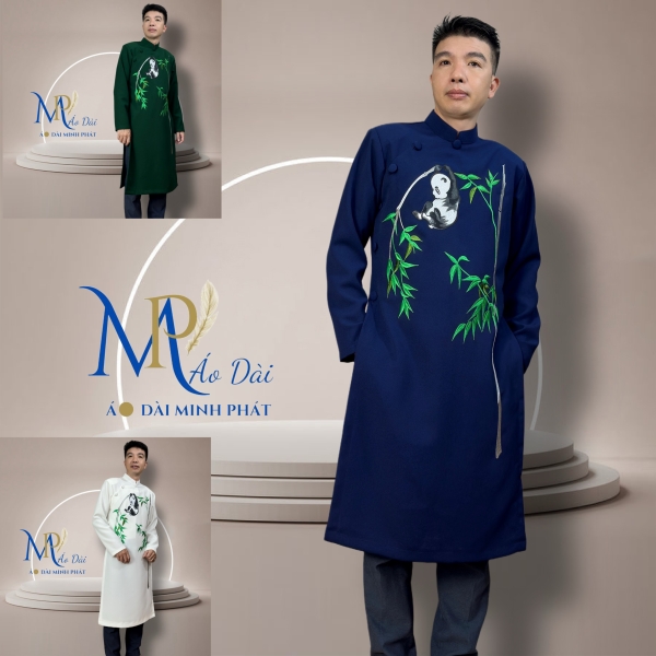 Áo Dài Cách Tân Nam Vải Tuyết Mưa Cao Câp Với Hoạ Tiết Thêu Gấu Trúc Đơn giản, Tinh Tế Sang Trọng MPT1026