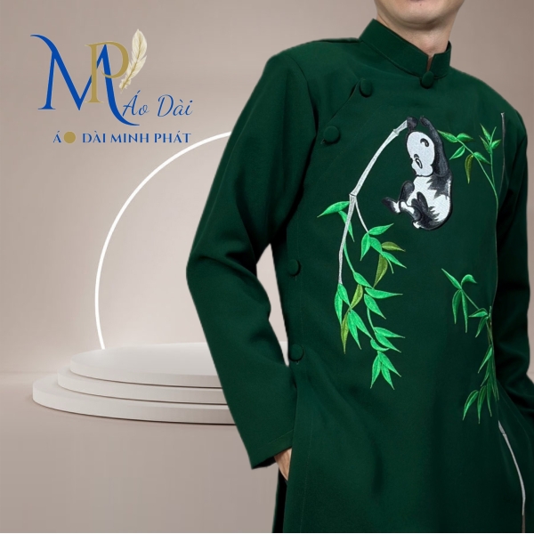 Áo Dài Cách Tân Nam Vải Tuyết Mưa Cao Câp Với Hoạ Tiết Thêu Gấu Trúc Đơn giản, Tinh Tế Sang Trọng MPT1026