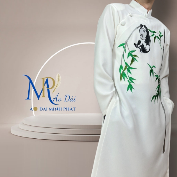 Áo Dài Cách Tân Nam Vải Tuyết Mưa Cao Câp Với Hoạ Tiết Thêu Gấu Trúc Đơn giản, Tinh Tế Sang Trọng MPT1026