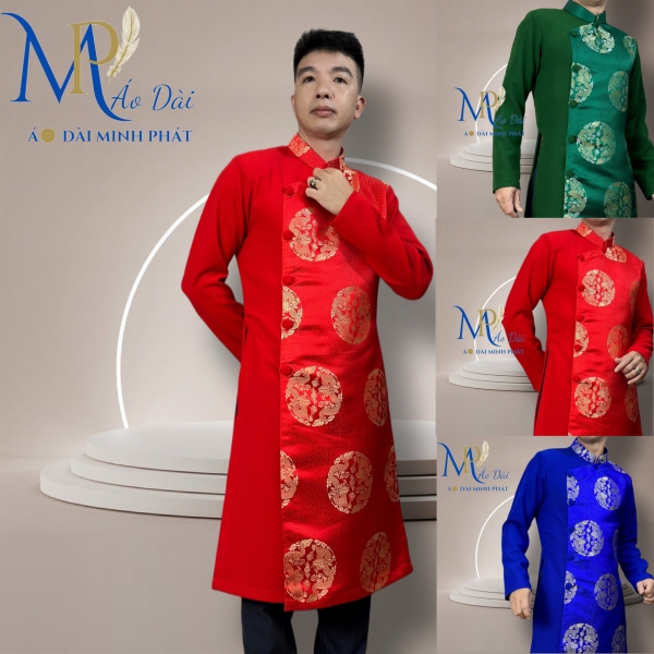 Áo Dài Cách Tân Nam Vải Tuyết Mưa Phối Gấm Hoạ Tiết Song Long 