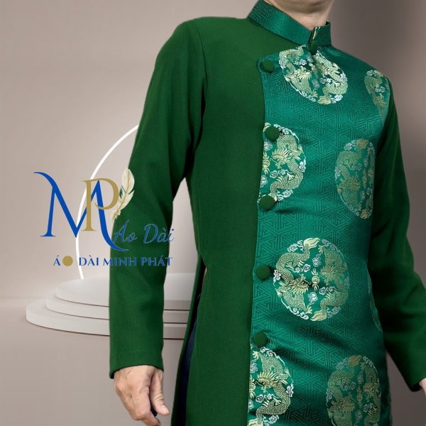 Áo Dài Cách Tân Nam Vải Tuyết Mưa Phối Gấm Hoạ Tiết Song Long 