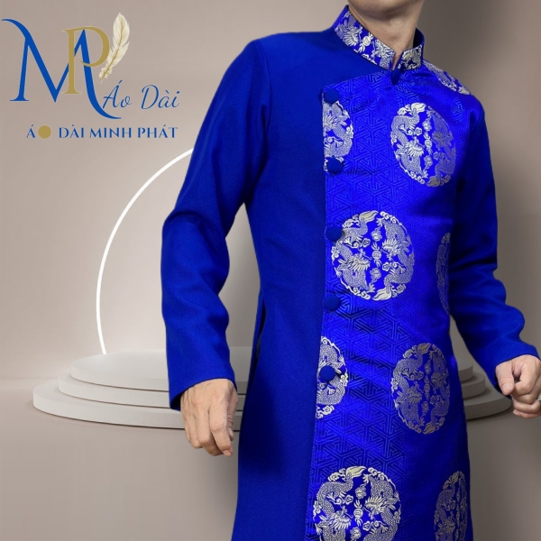 Áo Dài Cách Tân Nam Vải Tuyết Mưa Phối Gấm Hoạ Tiết Song Long 