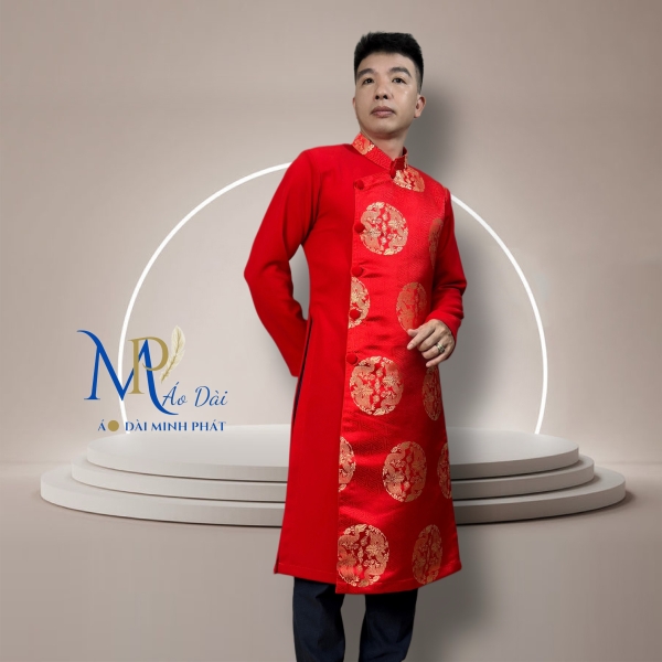 Áo Dài Cách Tân Nam Vải Tuyết Mưa Phối Gấm Hoạ Tiết Song Long 