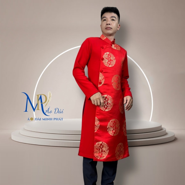 Áo Dài Cách Tân Nam Vải Tuyết Mưa Phối Gấm Hoạ Tiết Song Long 