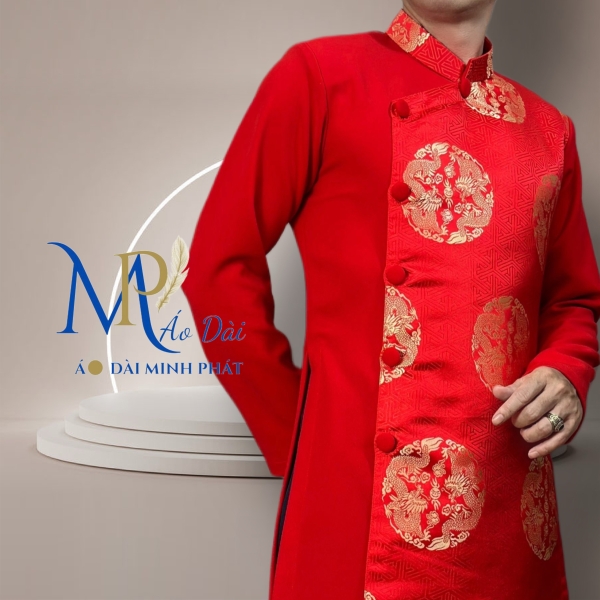 Áo Dài Cách Tân Nam Vải Tuyết Mưa Phối Gấm Hoạ Tiết Song Long 