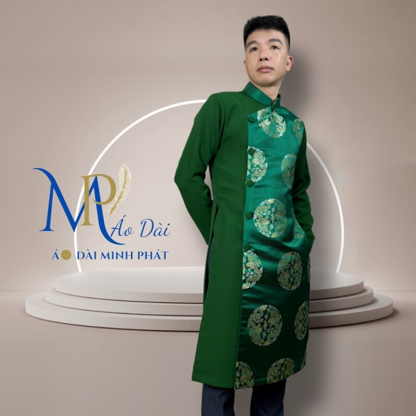 Áo Dài Cách Tân Nam Vải Tuyết Mưa Phối Gấm Hoạ Tiết Song Long 