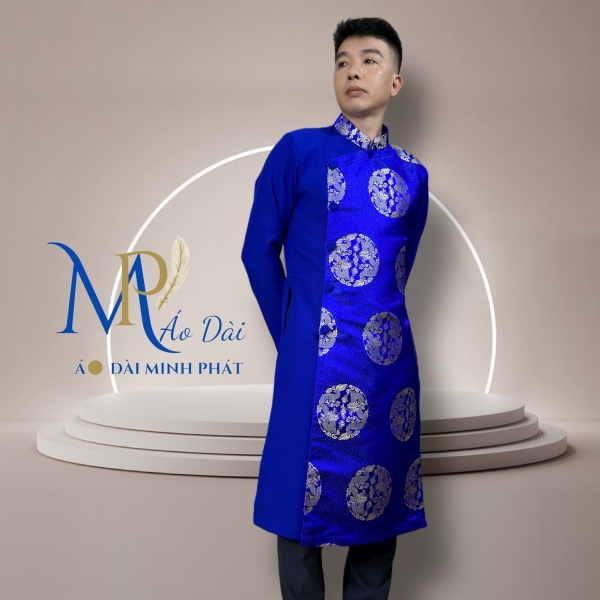 Áo Dài Cách Tân Nam Vải Tuyết Mưa Phối Gấm Hoạ Tiết Song Long 